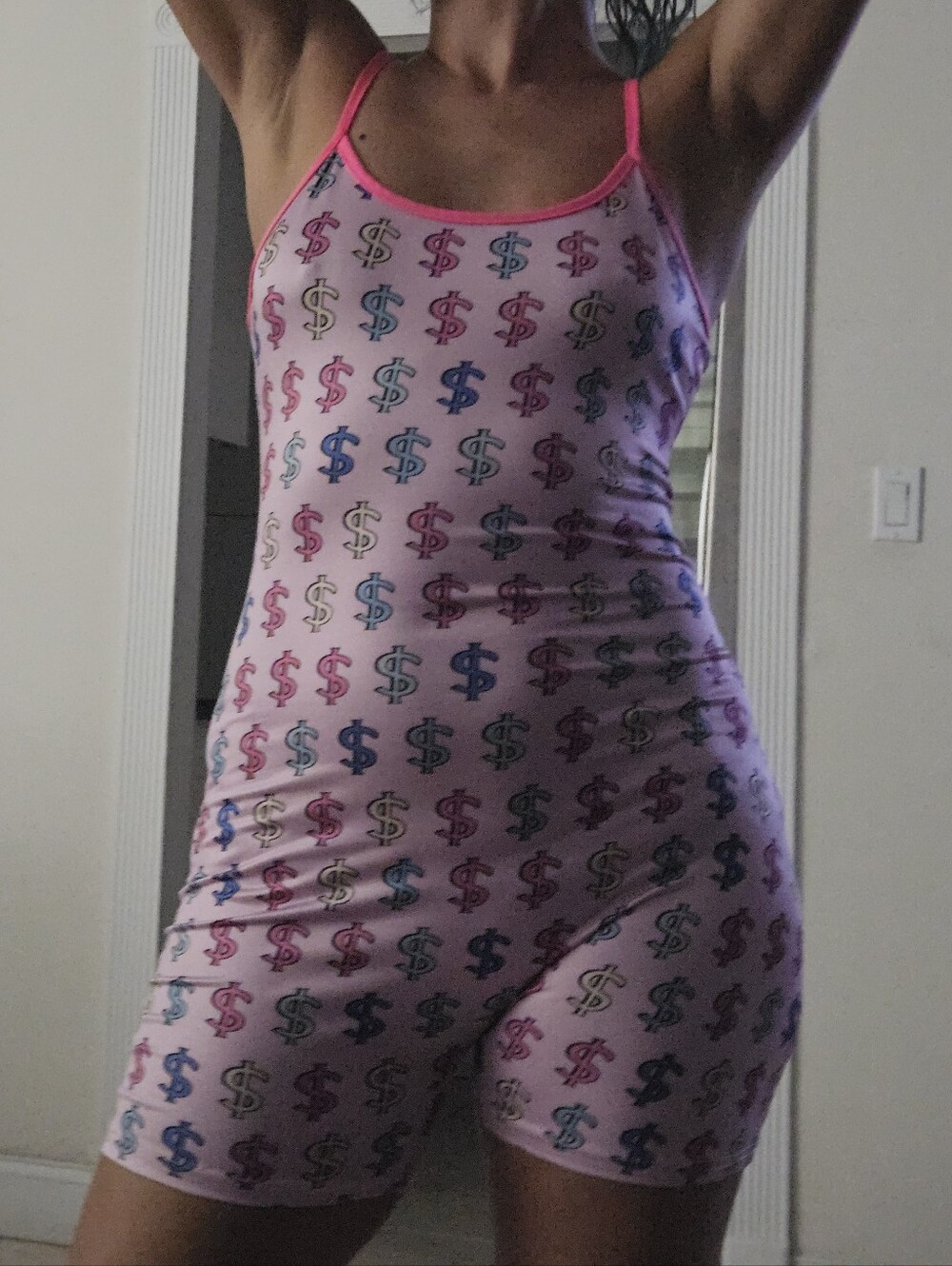 Women's Pink Dollar Sign Sleep Romper - Cute Printed Cami Shortie